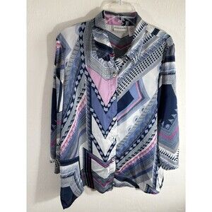 Alfred Dunner Women Petite 16 Pink Purple Navy White Print 3/4 Sleeve Collared